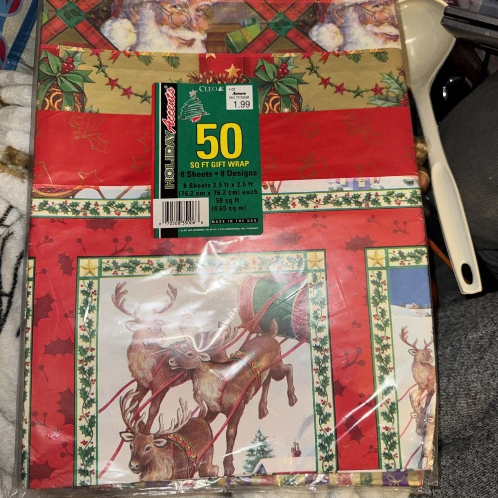 (2) 50sft VTG Cleo Wrapping Paper Christmas 8 Sheets/designs Santa Ornaments NOS